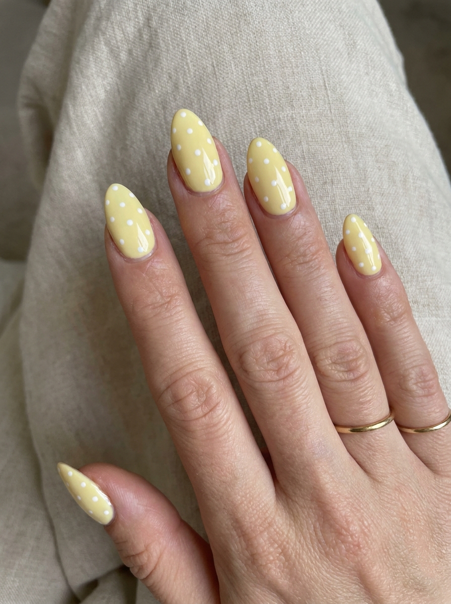 Yellow Polka Dot Nails mit buttergelber Basis und kleinen Punkten
